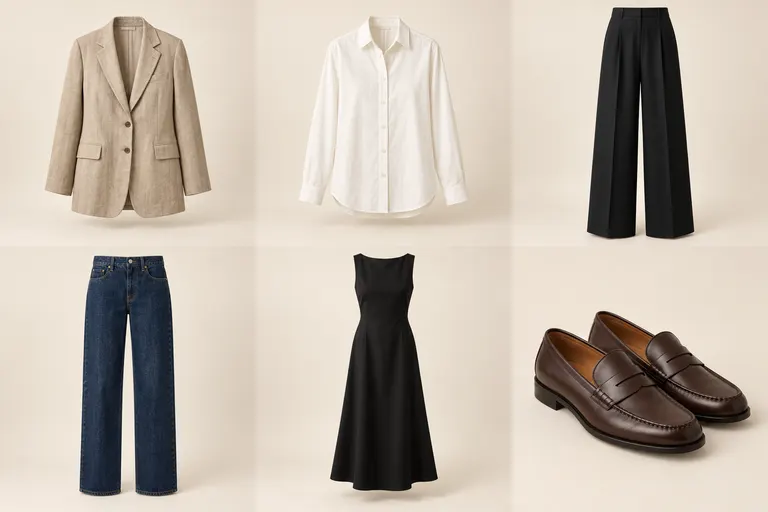 Colección ilustrativa con blazer de lino, camisa, pantalón, jean, vestido y mocasines